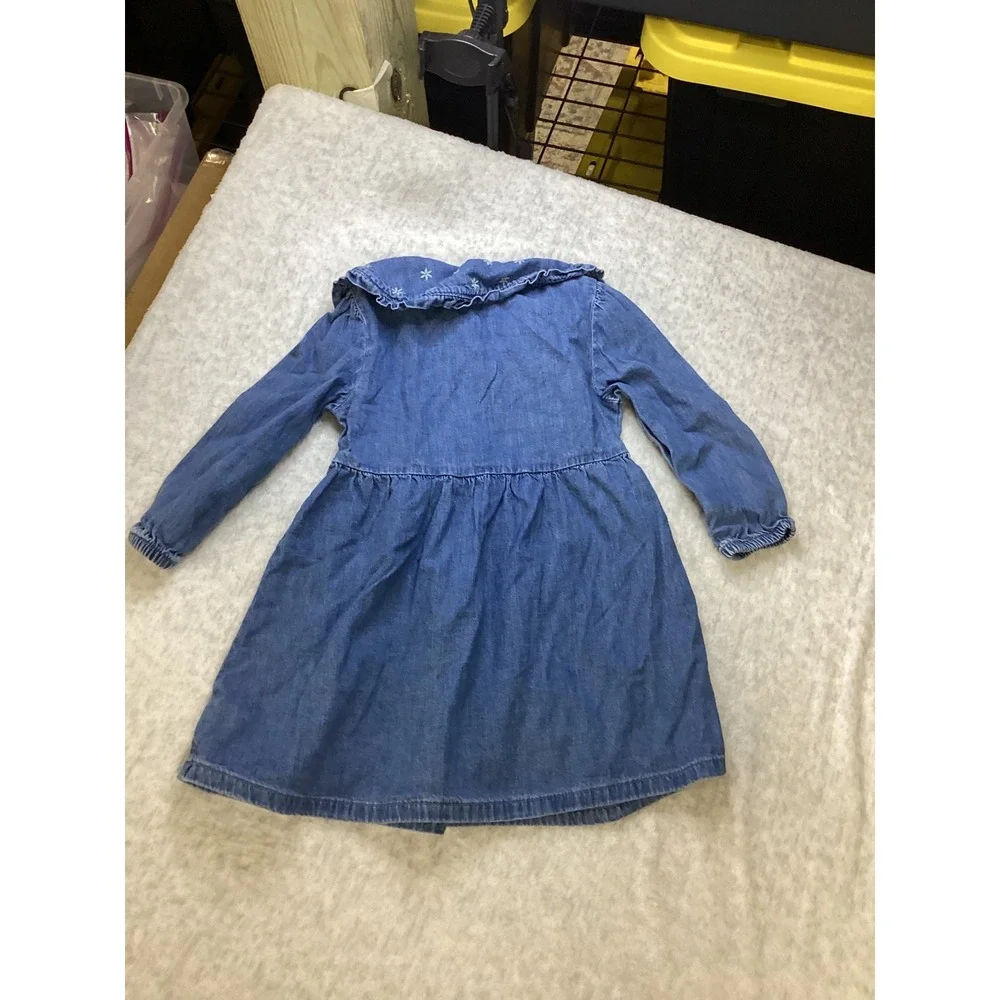 Cat & Jack Girls 4T Blue‎ Denim Chambray Dress Floral Embroider Peter Pan Collar